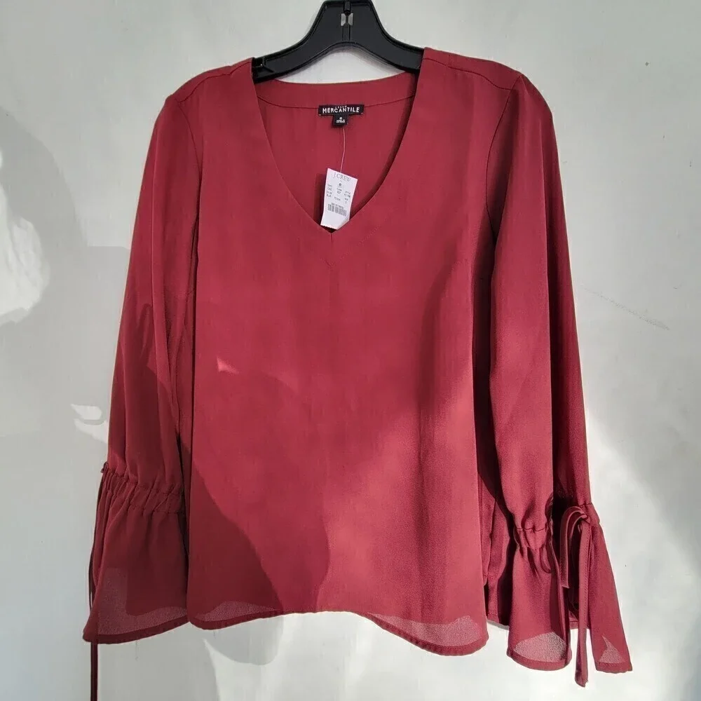 NEW J. Crew Mercantile Burgundy Red Bow Bell Sleeve V-neck Blouse Top Size 0
